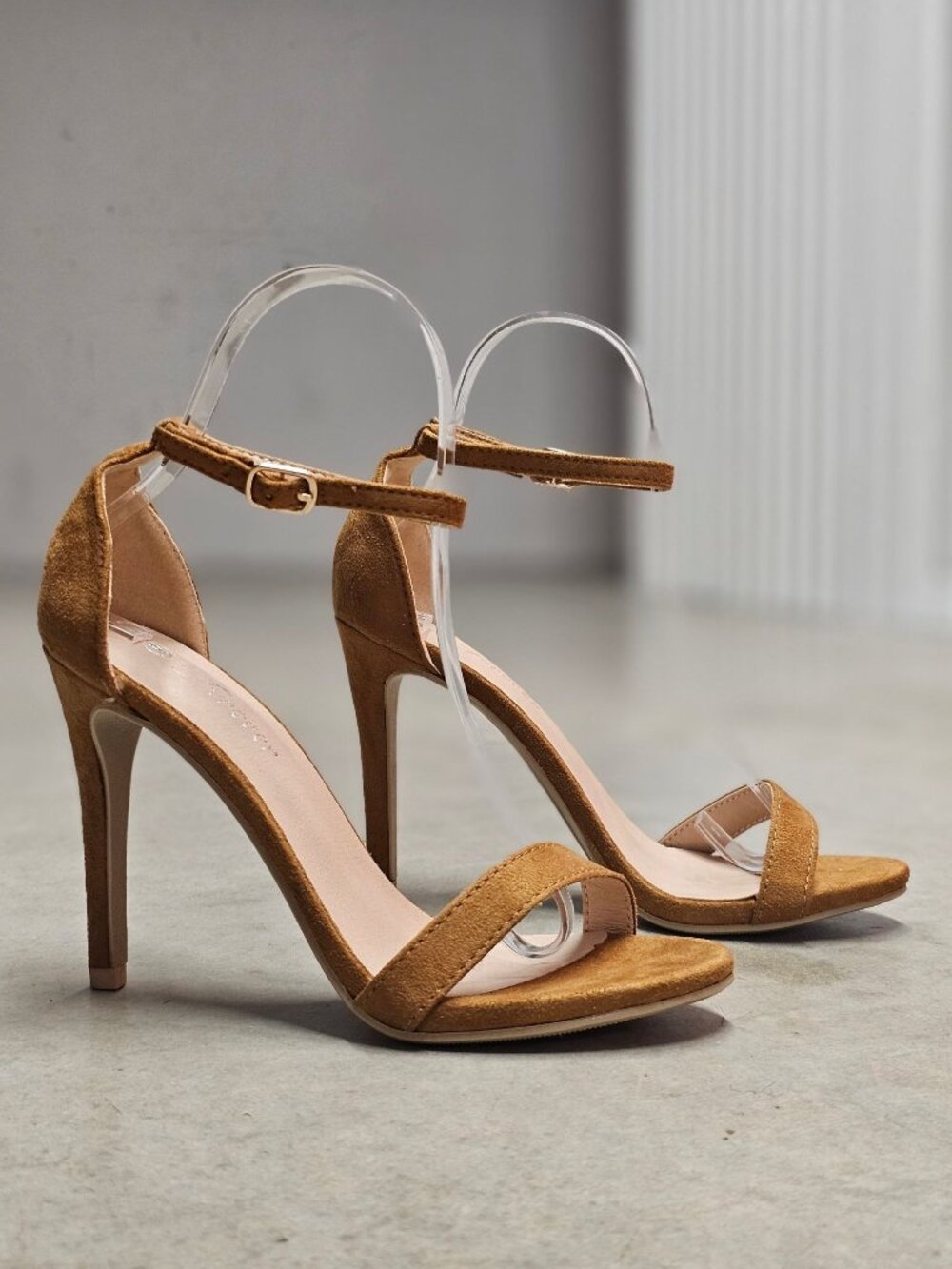 Tan Faux Suede Ankle Strap High Heel Sandals For Women - Picture 13 of 14